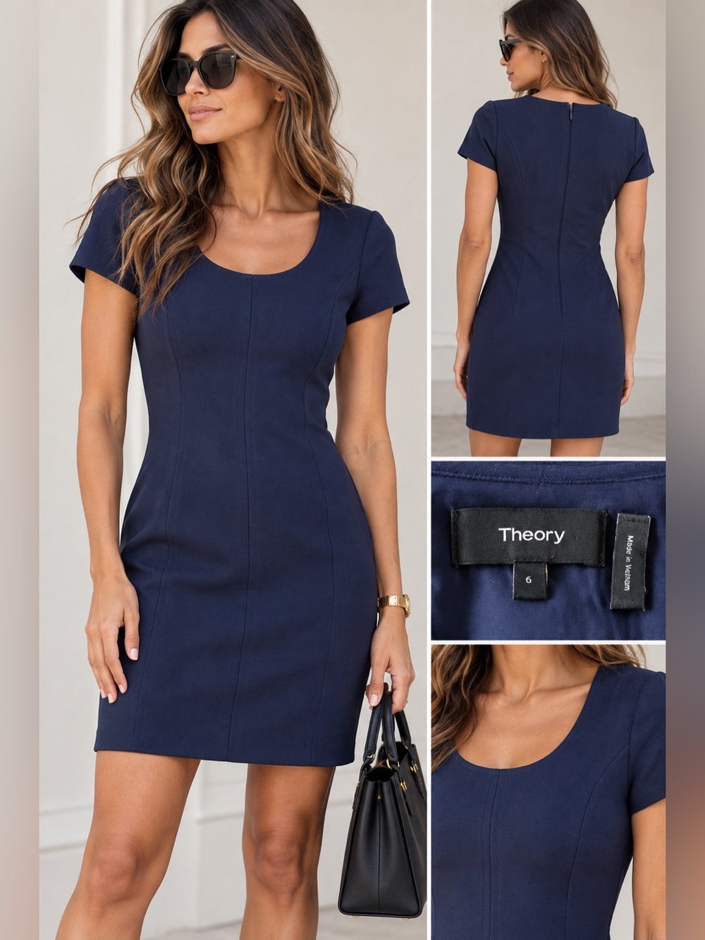 Theory Navy Blue Structured Short Sleeve Sheath Dress Size 6 Career Work
